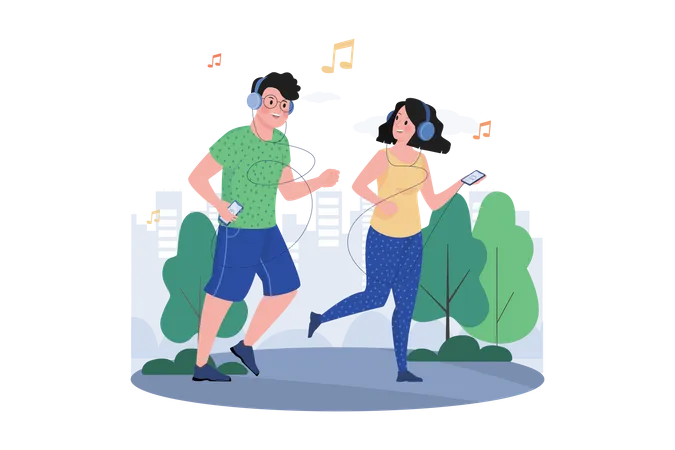 Couple écoutant le podcast en faisant du jogging dans le parc  Illustration