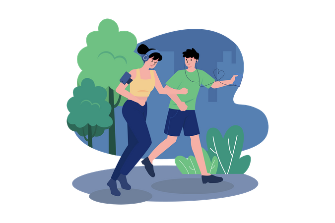 Couple écoutant le podcast en faisant du jogging dans le parc  Illustration