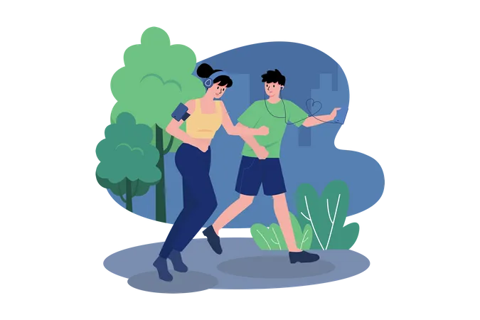 Couple écoutant le podcast en faisant du jogging dans le parc  Illustration