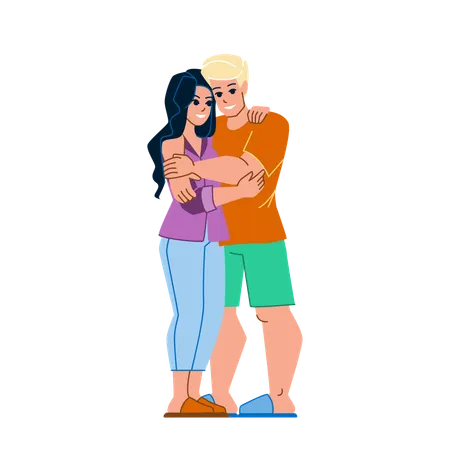 Couple Embracing Vector Woman Man Love Happy Hug Romantic Home Young Smile Together Couple Embracing Character People Flat Cartoon Illustration Illustration