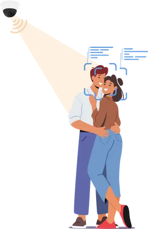 Couple Characters Embracing Monitored Under Surveillance Cameras Face Recognition System Providing An Additional Layer Of Security And Identification Capabilities Cartoon People Vector Illustration Illustration