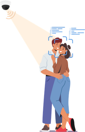 Couple Embracing Monitored Under Surveillance Cameras Face Recognition System  Illustration