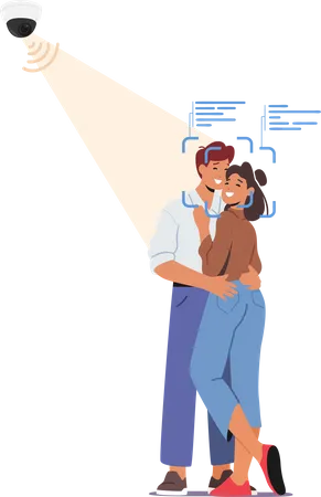 Couple Embracing Monitored Under Surveillance Cameras Face Recognition System  Illustration