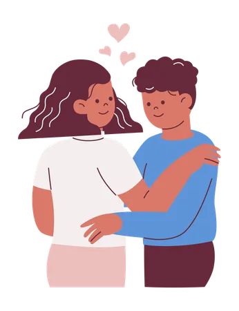 Couple Embracing with Hearts  Illustration