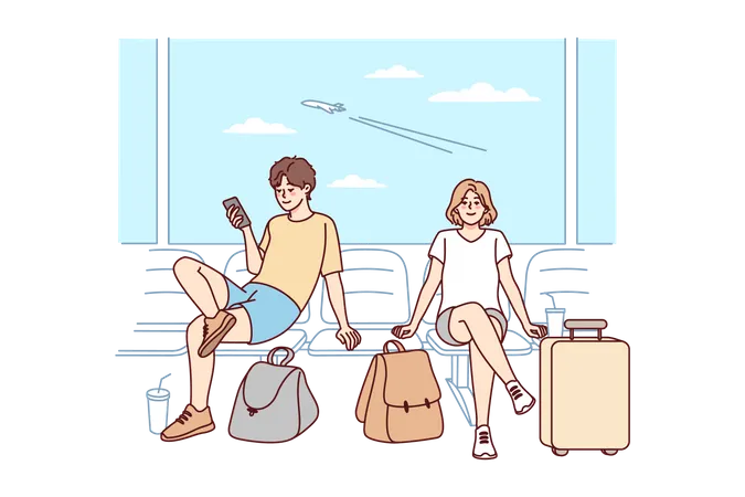 Couple attendant au terminal de l'aéroport  Illustration
