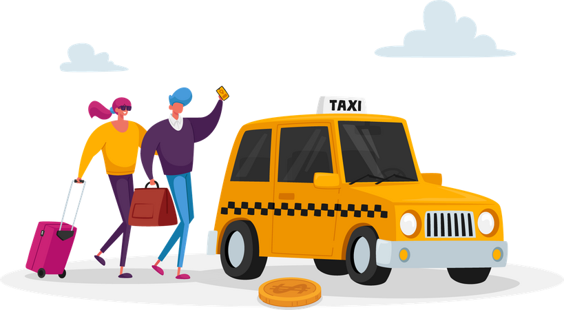 Couple attendant un taxi  Illustration