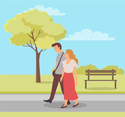 Couple en promenade à l'extérieur au printemps  Illustration