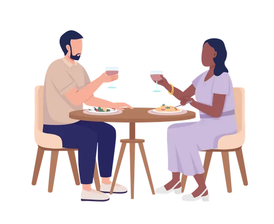 Couple en rendez-vous, boire du vin et manger des repas  Illustration