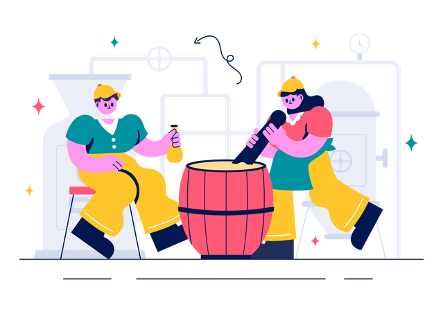 Couple engaged in Beer Brewing Process  Illustration