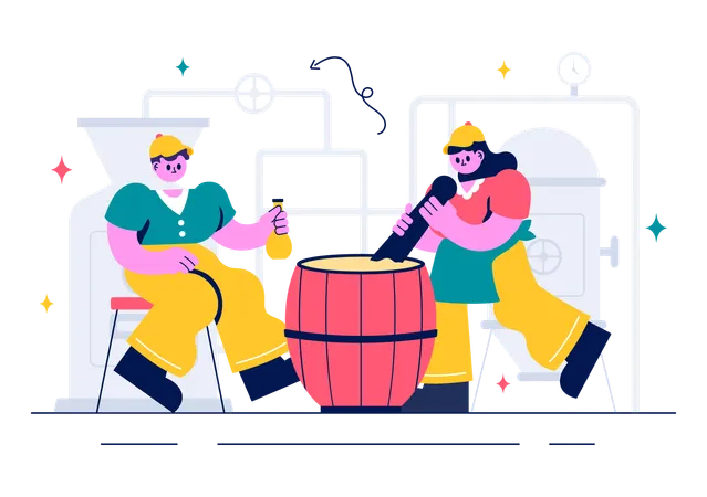 Couple engaged in Beer Brewing Process  Illustration