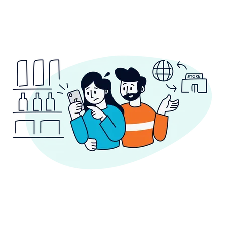 Couple Engaging with Mobile Shopping  Illustration