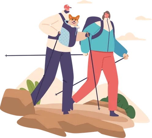Couple Characters Enjoy Adventure Of Hiking In Mountains With Furry Friend Comfortably Nestled In Backpack Allowing Them To Share In The Scenic Outdoor Beauty Cartoon People Vector Illustration Illustration
