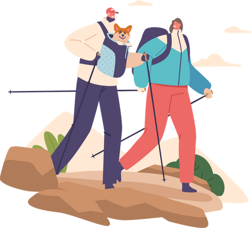 Couple enjoy adventure of hiking in mountains  Illustration