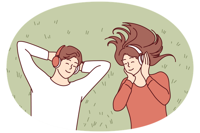 Couple enjoy listening to music in wireless headphones and enjoy cool song  Illustration