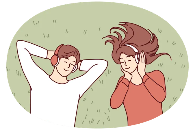 Couple enjoy listening to music in wireless headphones and enjoy cool song  Illustration