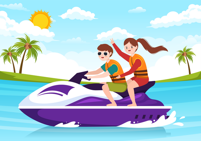 Couple enjoy riding jet ski Illustration