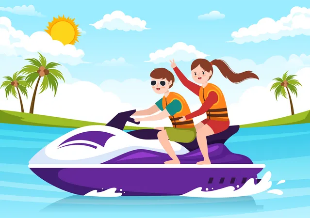 Couple enjoy riding jet ski  Illustration