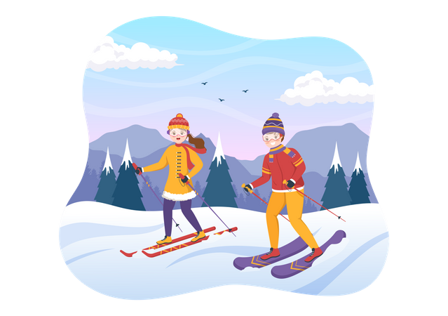 Couple enjoy ski Illustration