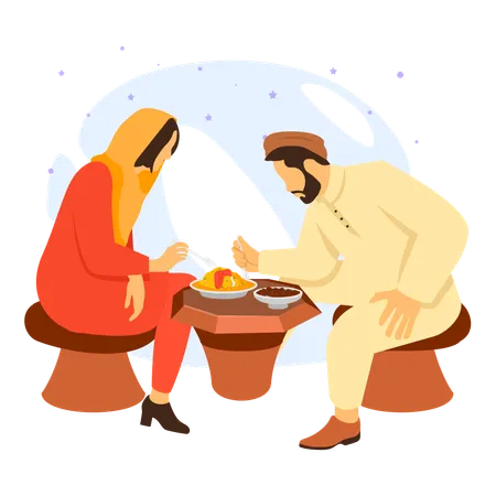 Couple Enjoying A Meal During Sehri  Illustration