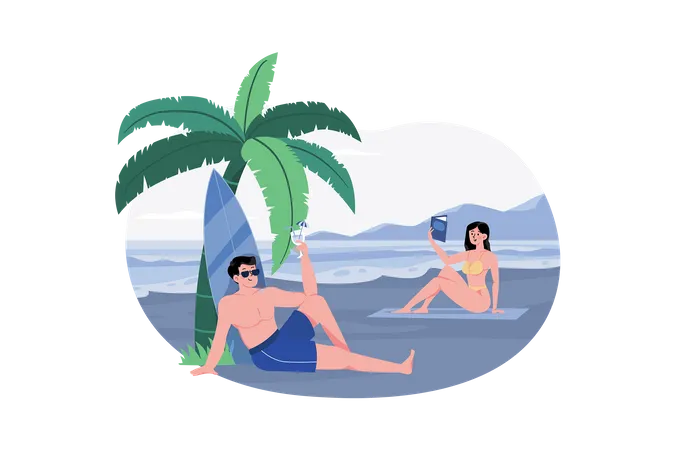 Young People Are Resting On The Seashore Illustration