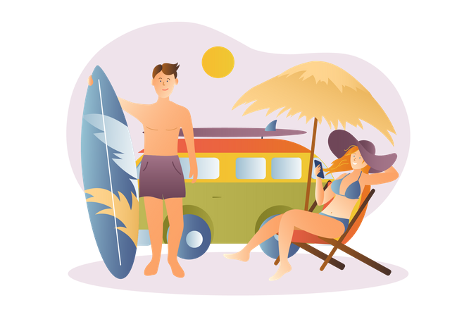 Couple enjoying at beach  Illustration