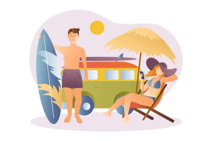 Couple enjoying at beach  Illustration