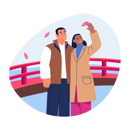 Couple enjoying at sakura festival  Illustration