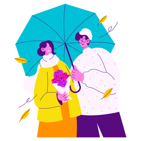 Couple Enjoying Autumn Under The Umbrella  Illustration
