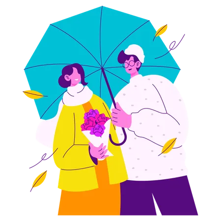 Couple Enjoying Autumn Under The Umbrella  Illustration