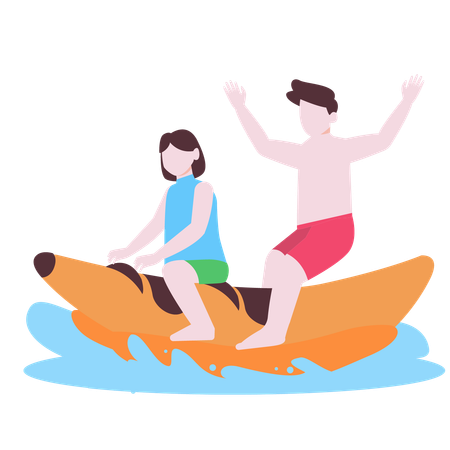 Couple enjoying banana ride at beach  Illustration