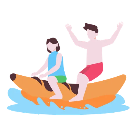 Couple enjoying banana ride at beach  Illustration