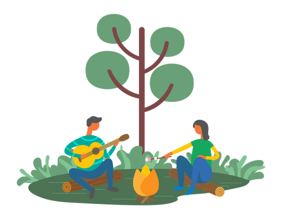 Couple enjoying campfire at camping site  Illustration