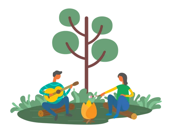 Couple enjoying campfire at camping site  Illustration