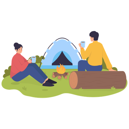 Couple enjoying Campfire Relaxation Moment  Illustration