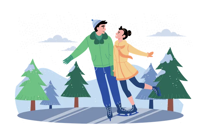 Couple Enjoying Dance During Ice Skating  Illustration