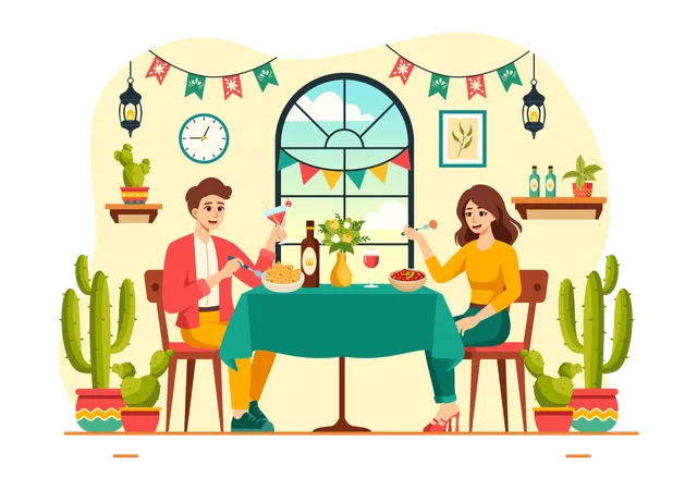Couple enjoying dinner at Mexican food restaurant  Illustration