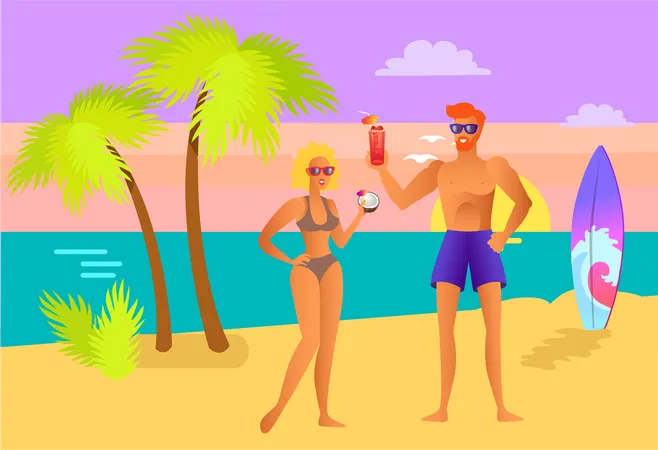 Couple enjoying drink at beach  Illustration