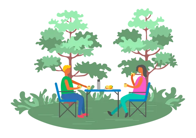 Couple enjoying food at outdoor area  Illustration