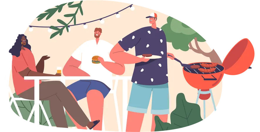 On Weekends Characters Gather For A Relaxing Barbecue Savoring Grilled Delights Laughter And Quality Time Enjoying A Well Deserved Break From Their Busy Routines Cartoon People Vector Illustration Illustration