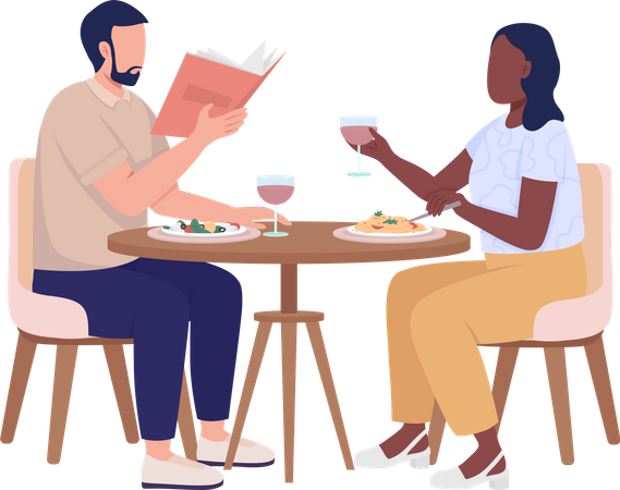 Couple enjoying food in restaurant Illustration