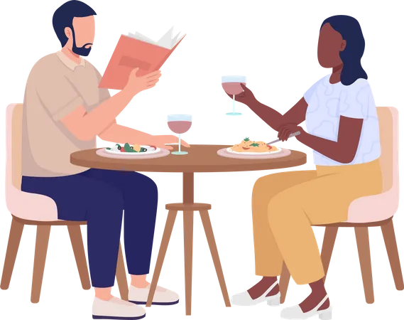 Couple enjoying food in restaurant Illustration