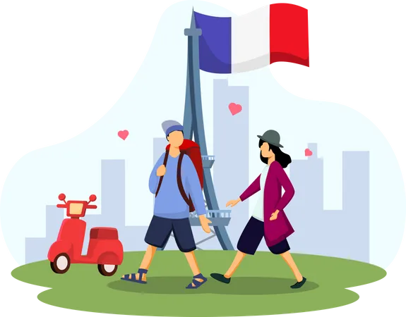 Couple enjoying holiday in France Illustration