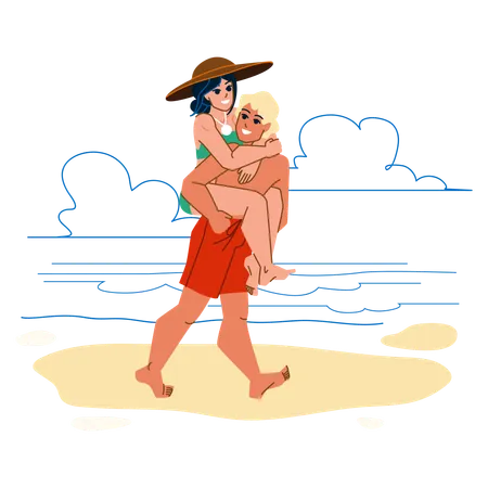 Couple Beach Vector Vacation Love Happy Sea Woman Man Young Summer People Couple Beach Character People Flat Cartoon Illustration Illustration