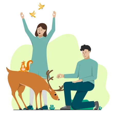 Couple enjoying in forest with deer Illustration