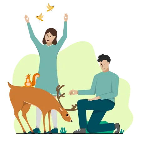 Couple enjoying in forest with deer  Illustration