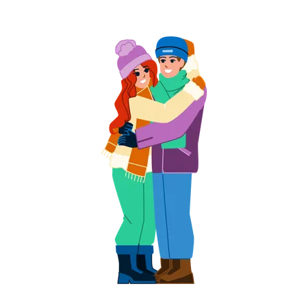 Couple Winter Vector Happy Man Woman Young Romantic Holiday Fun Nature Couple Winter Character People Flat Cartoon Illustration Illustration