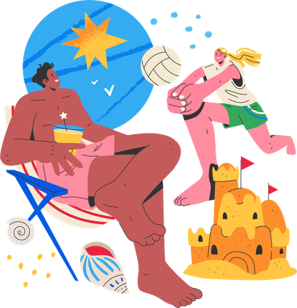 Couple enjoying leisure on beach  Illustration