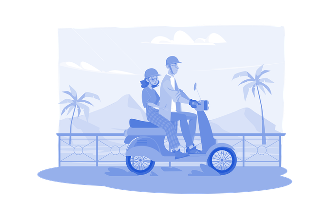 Couple enjoying long drive on scooter  Illustration