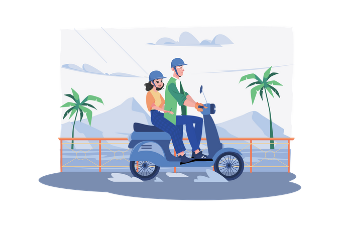 Couple enjoying long drive on scooter  Illustration