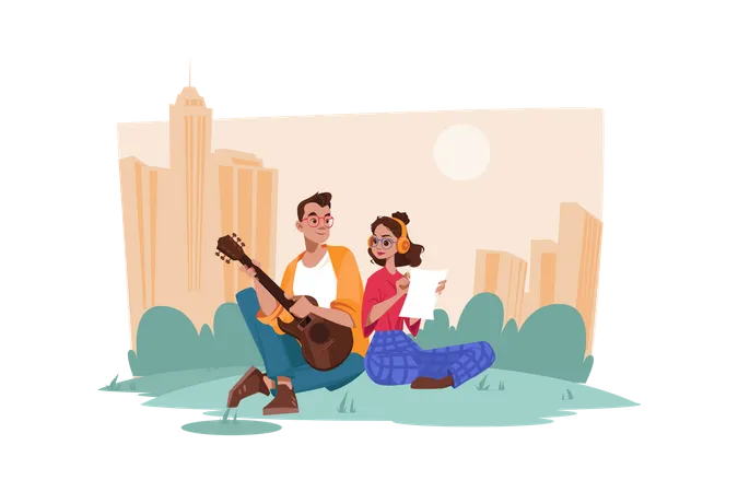 Couple enjoying music in the garden Illustration